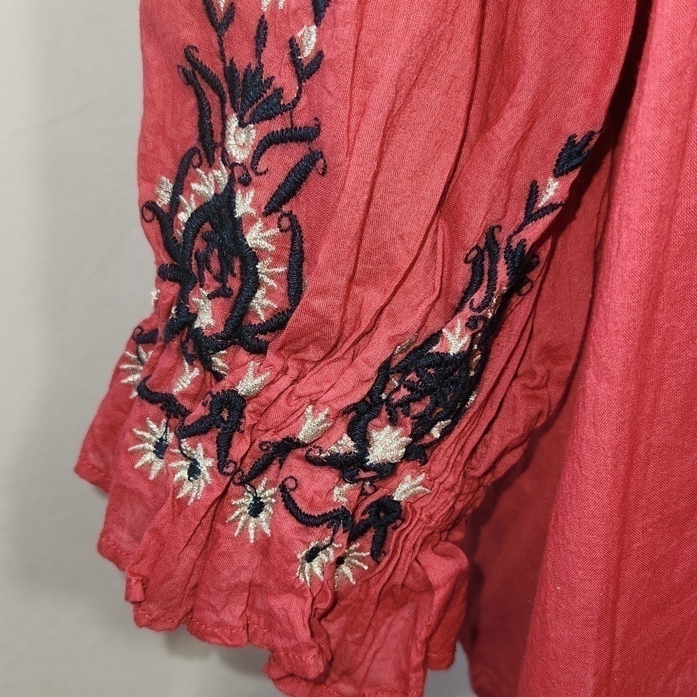 Alicia Pageboy M Red Aztec/Tribal Embroidered V-Neck Tassle Tie Front Boho Top - Picture 6 of 14